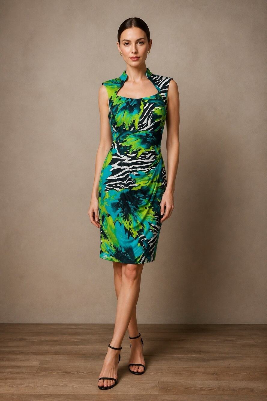 Frank Lyman Sleeveless Green & Zebra Print Abstract Dress Stretch Sheath 12 EUC